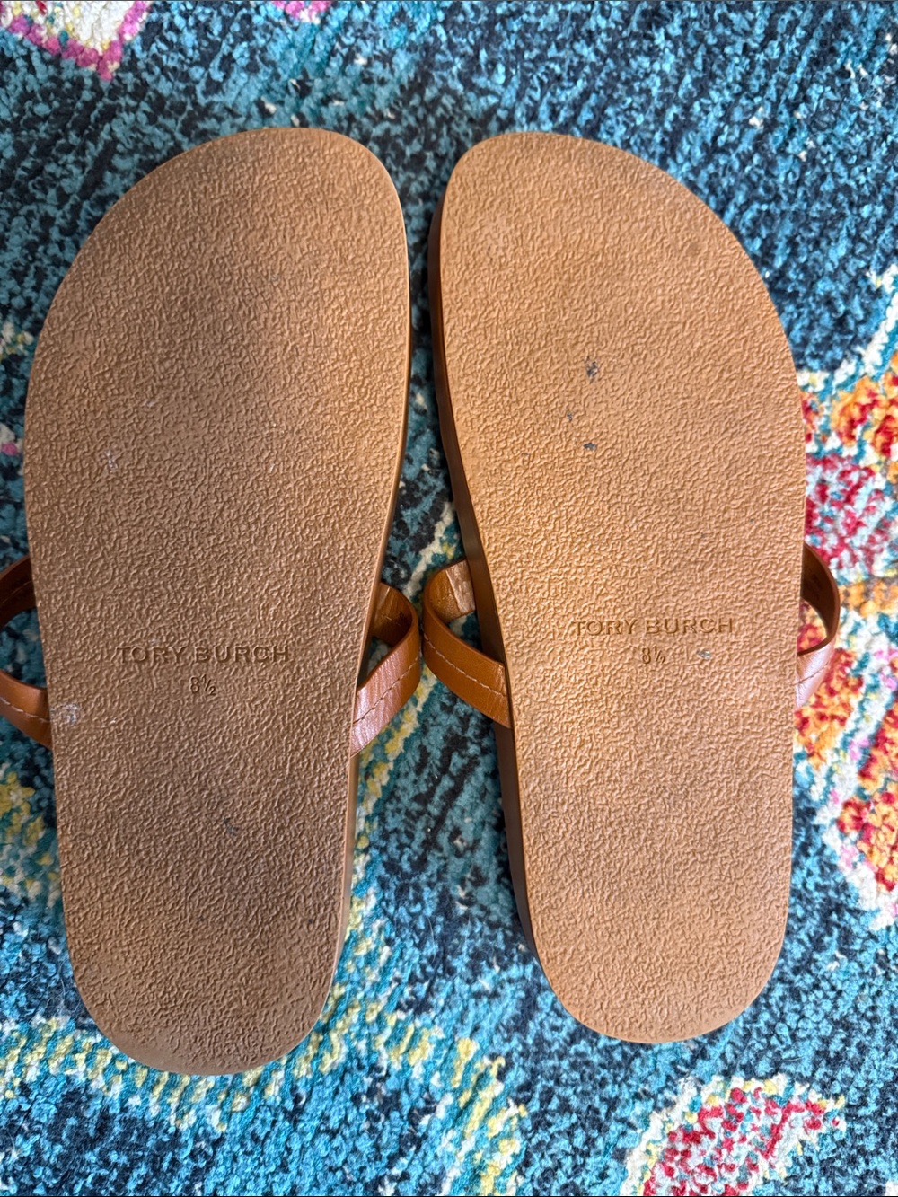 Tory Burch Cognac Leather Circle-Logo Thong Sandals - Picture 5 of 7